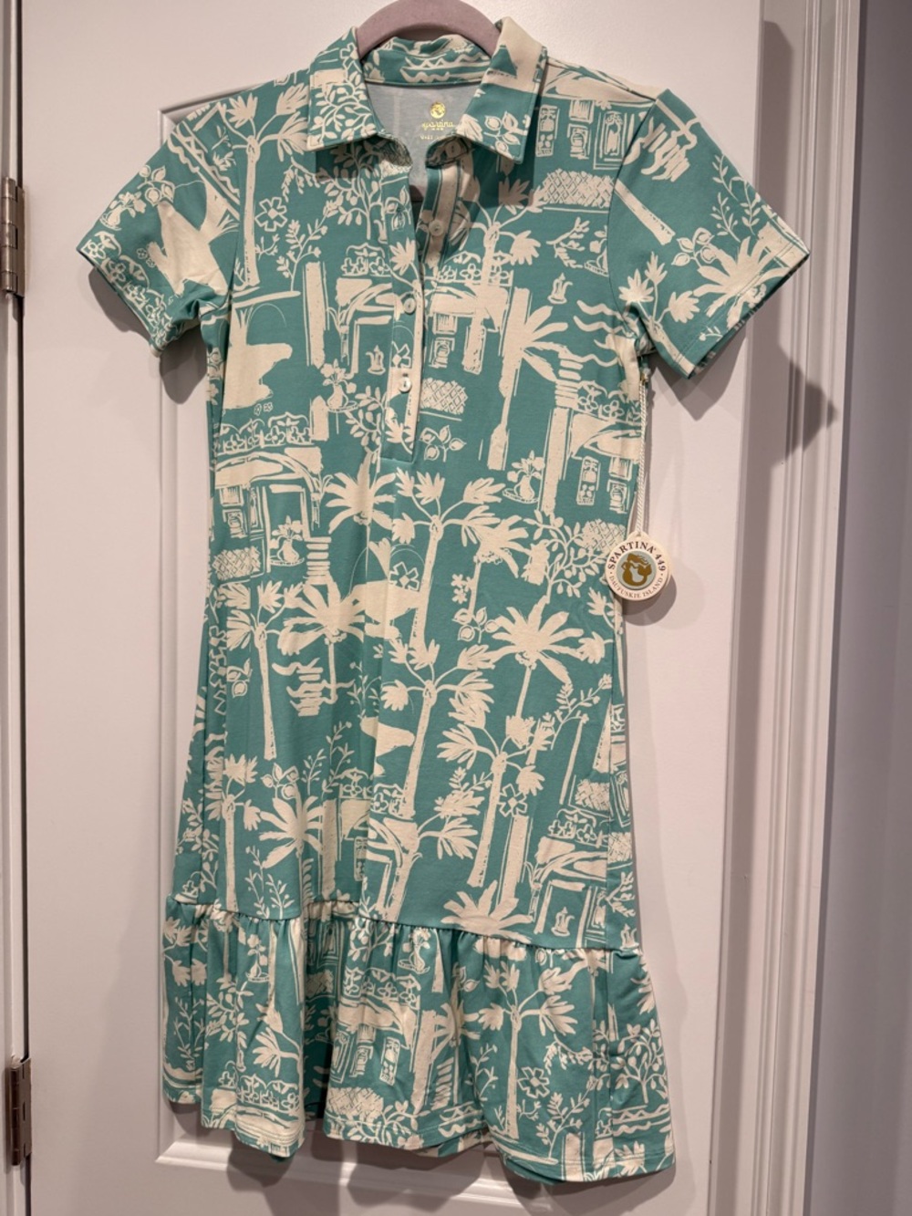 Spartina 449 Aqua Haze Palm-Print Polo Dress - Picture 2 of 6